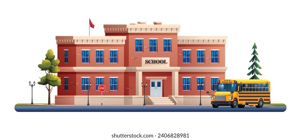 School building with school bus vector cartoon illustration isolated on white background