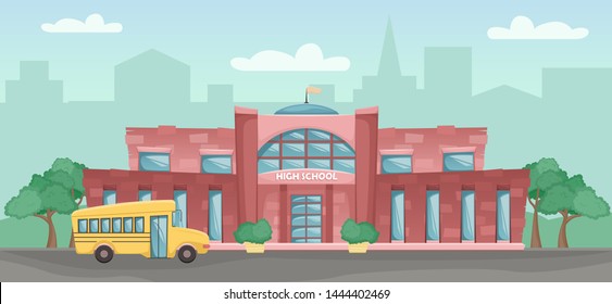 School building in cartoon style. Flat vector horizontal landscape. School yellow bus.