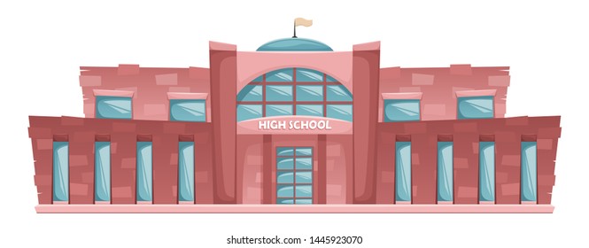 School building in cartoon style. Flat vector horizontal illustration.