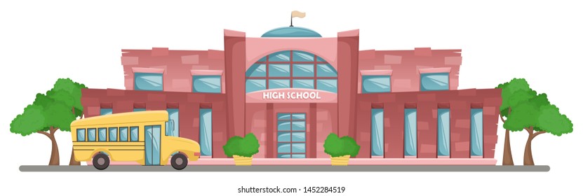 School building in cartoon style. Flat vector horizontal landscape. School yellow bus.
