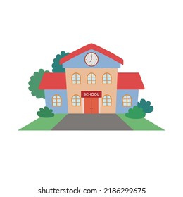 School Building Cartoon Vector Illustration. Simple Flat Design School House Isolated On White Background.