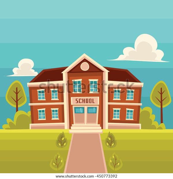 風景の背景に校舎の漫画のベクターイラスト 古典赤れんが学校の道路の木や芝生の入り口の正面図 のベクター画像素材 ロイヤリティフリー