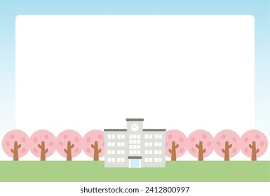 school building and cherry blossom message card illustration material