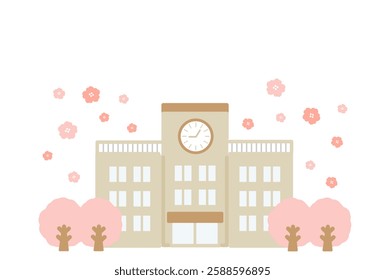School building and cherry tree illustration