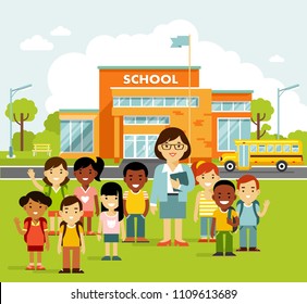 School building and school children in flat style. Modern school, college building on city street background, with bus and front yard. Group of kids and young teacher woman.