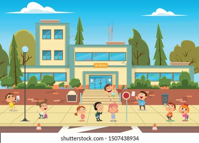 school building and children in the front yard of the school. vector illustration. Modern school, college building on city street background.