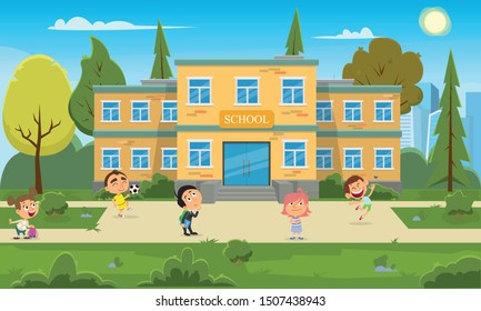 school building and children in the front yard of the school. vector illustration. Modern school, college building on city street background.