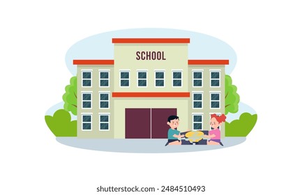 Edificio escolar y niños en el patio delantero de la Ilustración vectorial escolar
