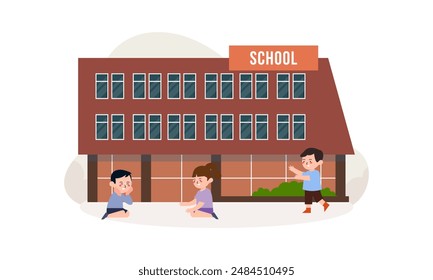 Edificio escolar y niños en el patio delantero de la Ilustración vectorial escolar