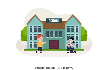 Schulgebäude und Kinder im Vorgarten der Vektorillustration