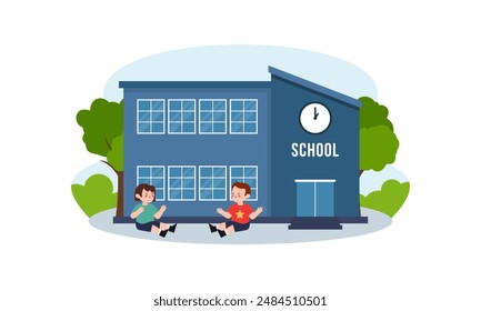 Schulgebäude und Kinder im Vorgarten der Vektorillustration