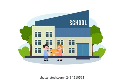School building and children in the front yard of the school vector illustration