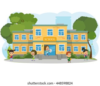 school building and children in the front yard of the school. vector illustration.