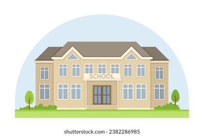 School building in city. Beige home or house with bushes. Education, learning and training. Urban architecture and infrastructure. Cartoon flat vector illustration isolated on white background