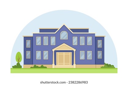 School building in city. Blue home or house with bushes. Education, learning and training. Sticker for social networks. Cartoon flat vector illustration isolated on white background