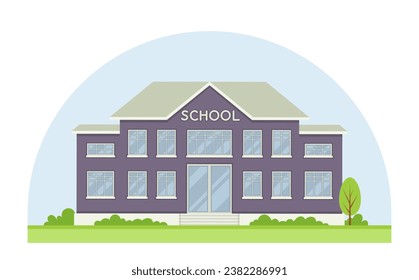 School building in city. Blue home or house with bushes. Education, learning and training. Graphic element for website. Cartoon flat vector illustration isolated on white background