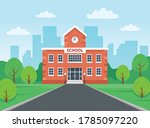 School building with city landscape. Vector illustration in flat style