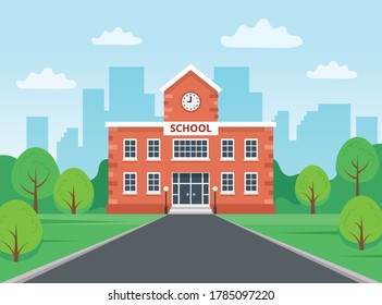 School building with city landscape. Vector illustration in flat style