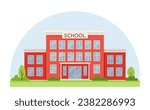 School building in city. Red home or house with bushes. Education, learning and training. Knowledge and information. Cartoon flat vector illustration isolated on white background