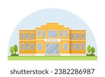 School building in city. Yellow home or house with bushes. Education, learning and training. Template and layout. Cartoon flat vector illustration isolated on white background