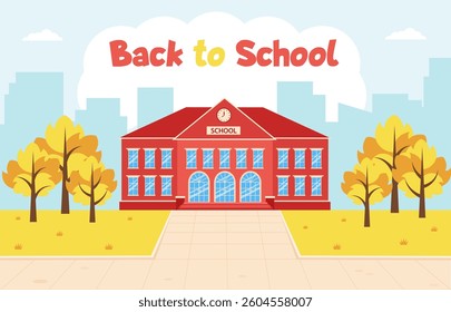 School building, cityscape. Back to school. School with autumn landscape.