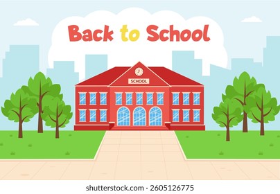 School building, cityscape. Back to school. School with landscape. Background, banner.