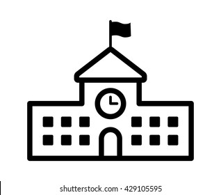 School building with clock and flag line art vector icon for apps and websites