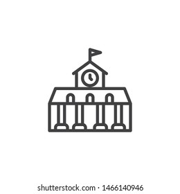 School building with clock line icon. linear style sign for mobile concept and web design. Building with columns, clock and flag outline vector icon. Symbol, logo illustration. Vector graphics