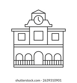 School Building With Clock Line Icon. Educational Institution And Time Management Outline Symbol. Learning Environment And Academic Schedule. Editable Stroke. Isolated Vector Illustration.