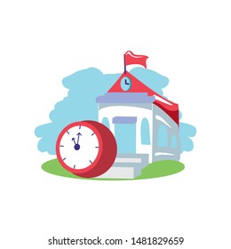 school building with clock time