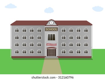 School building with clock and welcome banner. Back to school