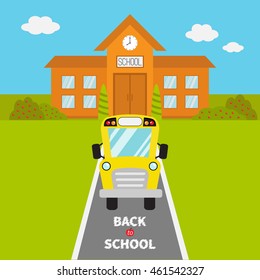 School building with clock and windows. City construction. Yellow school bus kids on the road. Cartoon education clipart collection. Back to school. Flat design. Vector illustration