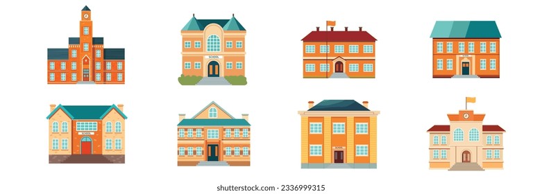School Building collection. Flat vector illustration. Set of building elements. City buildings exterior collection. Vector illustrations isolated on white background.