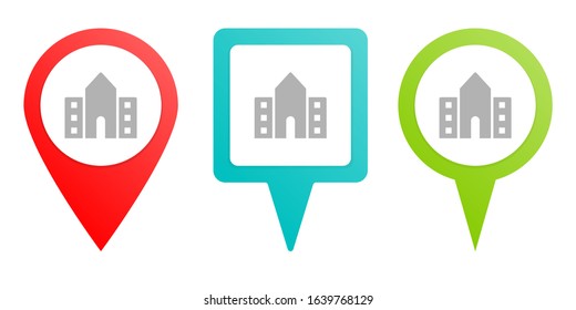 School, Building, College. Multicolor Pin Vector Icon, Diferent Type Map And Navigation Point.