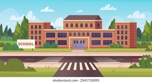 School building. College, school or university exterior with at city street with sidewalk, crosswalk and trees. Colored flat vector illustration of education institution.