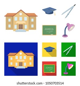 School building, college with windows, a master or applicant hat, compasses for a circle, a board with a chalk school inscription. School and education set collection icons in cartoon,flat style