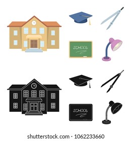 School building, college with windows, a master or applicant hat, compasses for a circle, a board with a chalk school inscription. School and education set collection icons in cartoon,black style