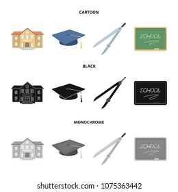 School building, college with windows, a master or applicant hat, compasses for a circle, a board with a chalk school inscription. School and education set collection icons in cartoon,black,monochrome