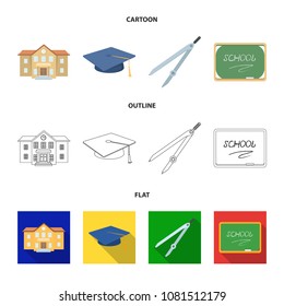 School building, college with windows, a master or applicant hat, compasses for a circle, a board with a chalk school inscription. School and education set collection icons in cartoon,outline,flat