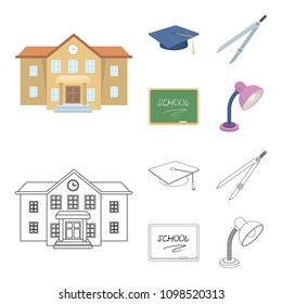 School building, college with windows, a master or applicant hat, compasses for a circle, a board with a chalk school inscription. School and education set collection icons in cartoon,outline style