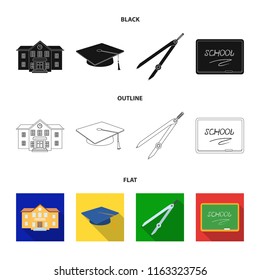 School building, college with windows, a master or applicant hat, compasses for a circle, a board with a chalk school inscription. School and education set collection icons in cartoon style vector