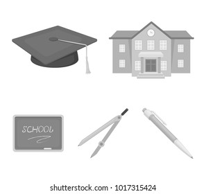 School building, college with windows, a master's or applicant's hat, compasses for a circle, a board with a chalk school inscription. School and education set collection icons in monochrome style