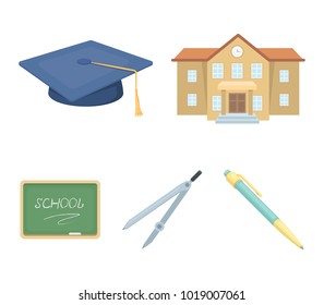 School building, college with windows, a master's or applicant's hat, compasses for a circle, a board with a chalk school inscription. School and education set collection icons in cartoon style vector