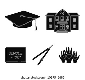 School building, college with windows, a master's or applicant's hat, compasses for a circle, a board with a chalk school inscription. School and education set collection icons in black style vector