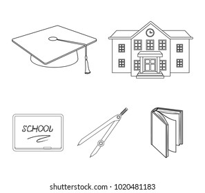 School building, college with windows, a master's or applicant's hat, compasses for a circle, a board with a chalk school inscription. School and education set collection icons in outline style vector