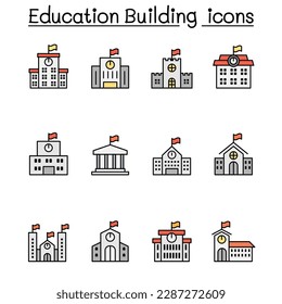 Conjunto de iconos de la línea de color de construcción de escuela