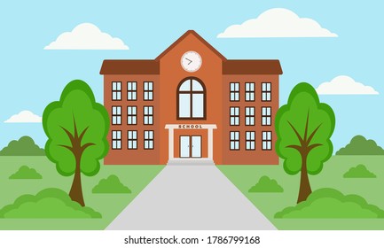 School building with colorful nature landscape. Vector illustration