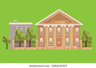 school building with columns and fence