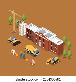 School building construction 3d isometric vector illustration concept for banner, website, landing page, ads, flyer template