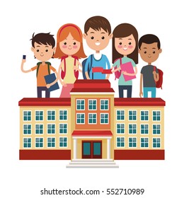 school building different students white background